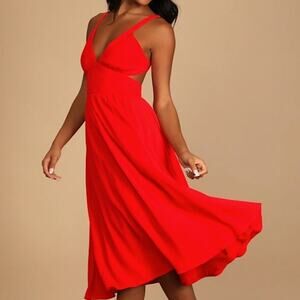 Lulus NWOT Bold New Look Bright Red Tie-Back Cut-Out Full Midi Swing Dress XS